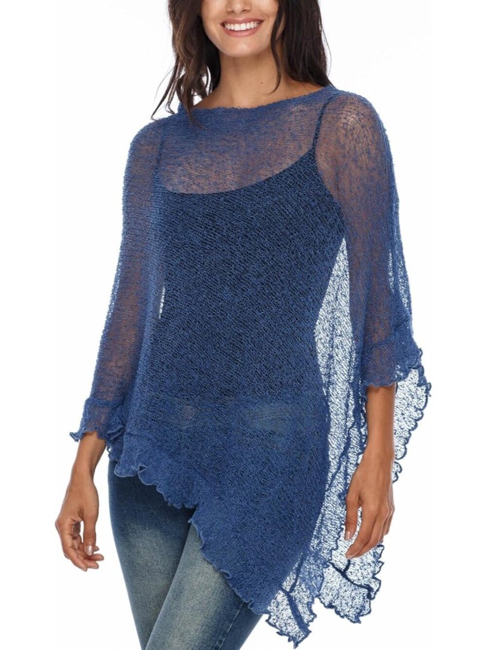 Women’s Deep Sea Sheer Knit Poncho Shrug Lightweight Asymmetrical Ruffle Wraps